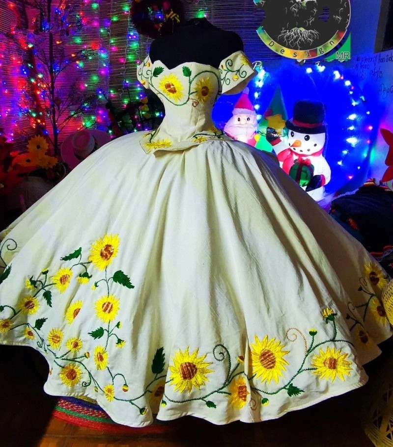 Sunflower Embroidery Quinceanera Dresses Off Shoulder Puffy Satin Charro princess lace-up Vestido De 15 Anos Sweet 16 Prom Gowns