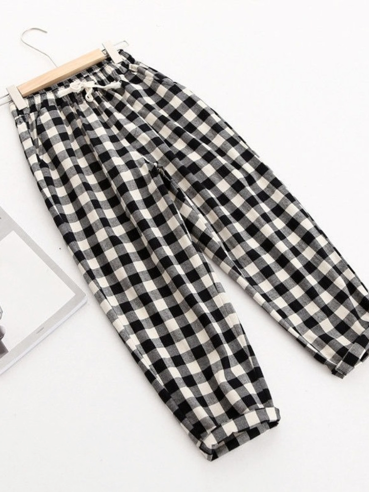 Women's Pants Capris Spring Summer Plaid Pants Women's Harem Pants Capris Drawstring Waist Large Size Casual Loose Cotton Linen Trousers Wom