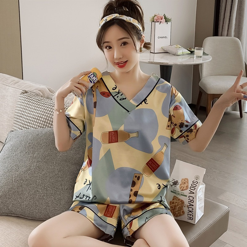 Women's Sleepwear Pajamas Women's Summer Ice Silk V-Neck Short Sleeves Pyjamas Two Piece Suit Kaeva Pajamas Women's Home Clothes Sleepw