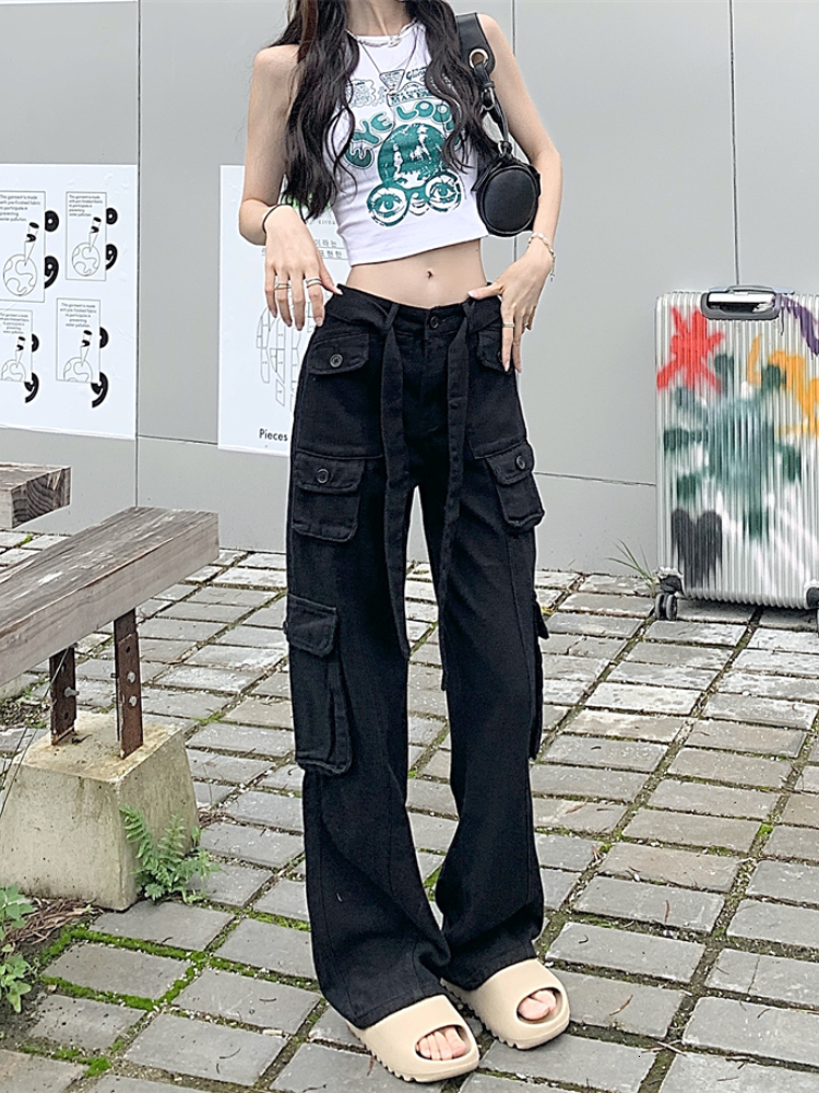 Women's Pants Capris Harajpee Women Retro Jeans Women's High Waist Straight Pants Summer Safari Style Loose Wide Leg Pants Overalls Long Pan