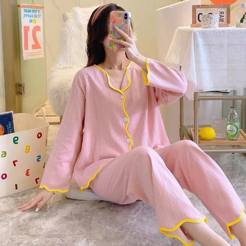 Women's Sleepwear Pajama Sets Women Basic Stylish Comfortable Sweet Wavy-cut Lacework Single Breasted Cotton Loose Pajamas Sleepwear Long Sleeve 