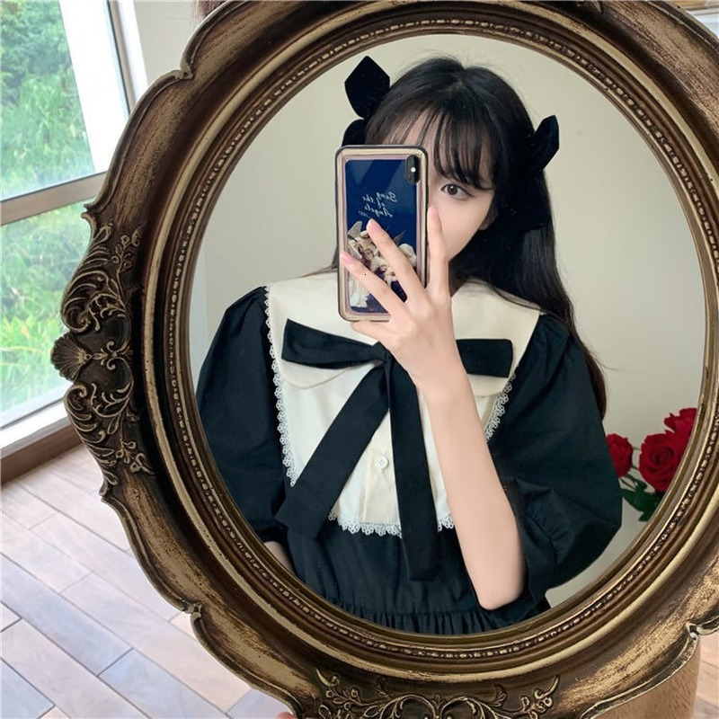 Casual Dresses Women Short Sleeve Dress Patchwork Peter Pan Collar Bow Girls Sweet Kawaii Dresses Students Korean Style High Waist Loose Trendy 230321