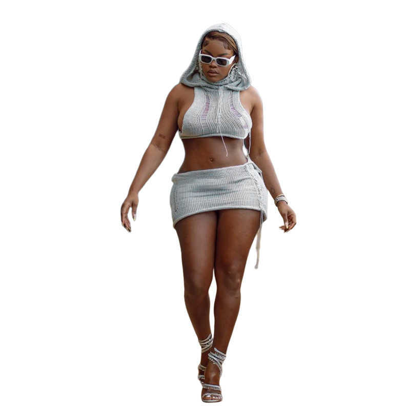 2023 Spring Women's New Hollow Knitted Hooded Top High Waist Wrapped Hip Short Skirt Set Women
