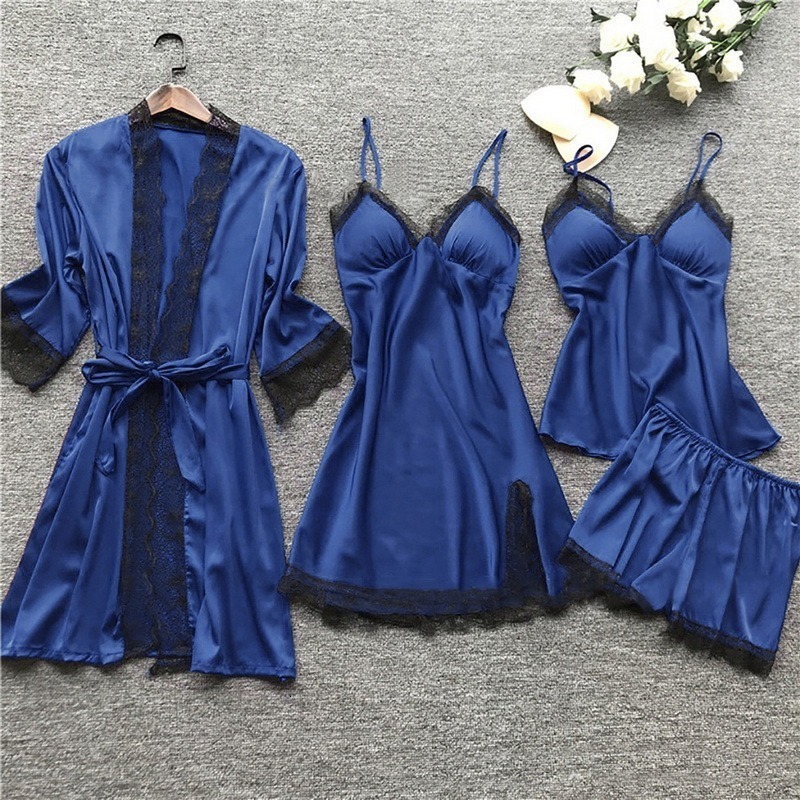 Women's Sleepwear Women Pajamas Sets Satin Sleepwear Silk 4 Pieces Nightwear Pyjama Strap Lace Sleep Lounge Pajama With Chest Pads 230321