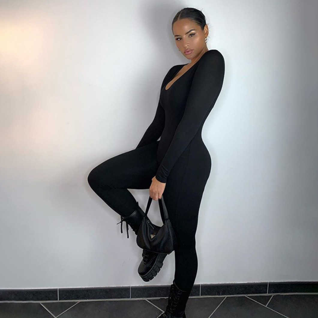 2023 Spring Women's New Low Neck Tight Long Sleeve High Waist Solid Sports Fitness Bodysuit