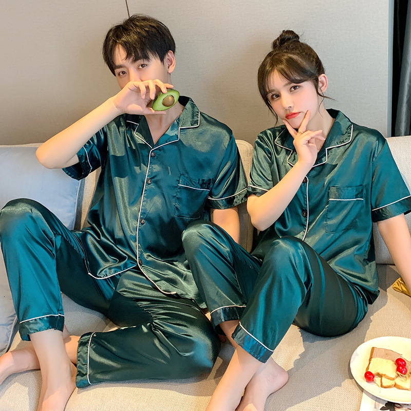 Women's Sleepwear Summer Solid Color Silk Satin Pajamas Couple Set Short Sleeve Trousers Button-Down Lovers Sleepwear Plus Size Pj Set Pyjamas 23