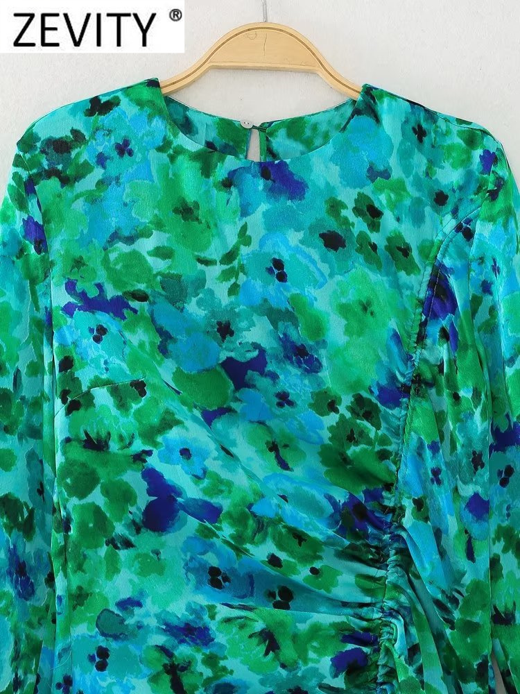 Casual Dresses Zevity Women Elegant Ink Floral Print Pleat Drawstring Split Midi Dress Female Chic O Neck Back Zipper Vestidos DS3415 230321