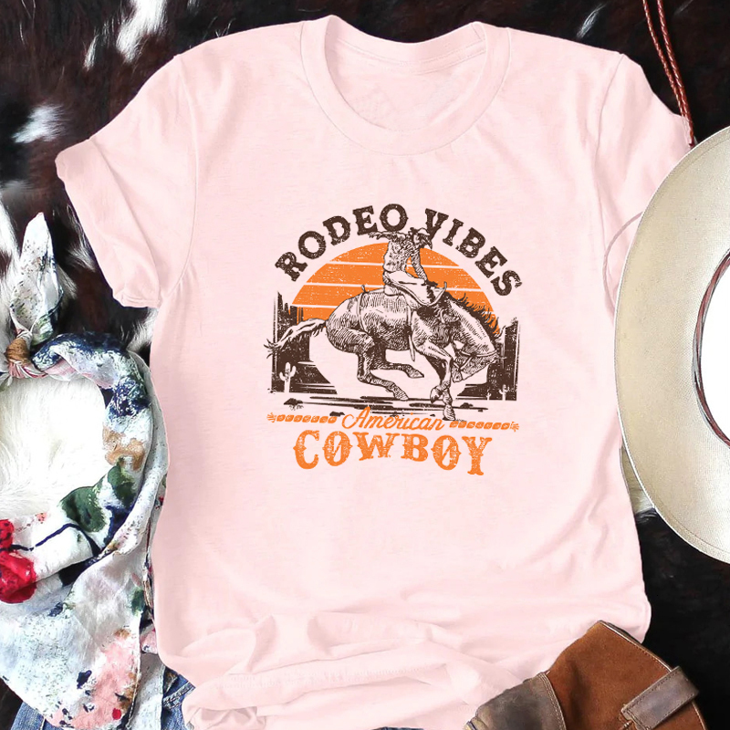 Womens TShirt Rodeo Vibes Retro Western Cowboy Tshirts Women Loose Short Sleeve Vintage Graphic TShirts Hippie T Shirt Tops Cowgirl Clothes 230321