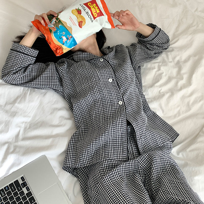 Women's Sleepwear Elegant Plaid Pajama Sets Women Simple Single Breasted Ins Homewear Nighty Soft Tender Harajuku Gentle Nightwear Casual 230321