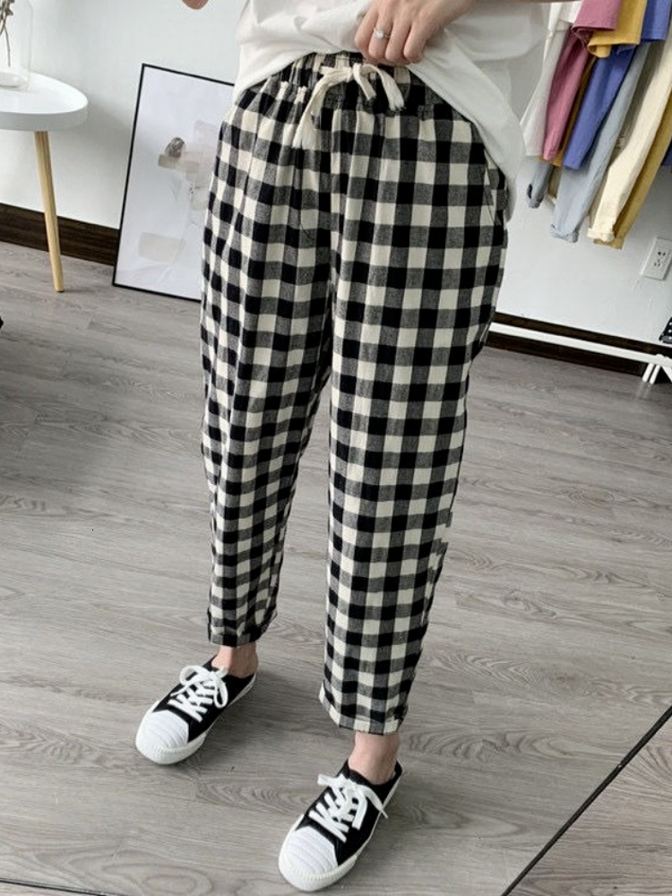 Women's Pants Capris Spring Summer Plaid Pants Women's Harem Pants Capris Drawstring Waist Large Size Casual Loose Cotton Linen Trousers Wom