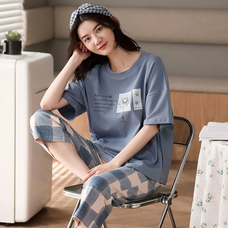 Women's Sleepwear Large Size Pajamas Ladies Summer Short Sleeve Thin Cartoon Round Neck Cotton Homewear Suit 230321