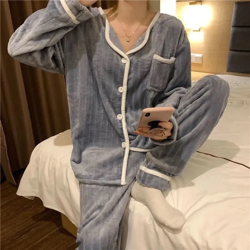 Women's Sleepwear Flannel Pajama Sets Women Winter Two Piece Home Suit 100Sleepwear Warm Korean Style Simple Casual Fashion Gentle Vintage Chic 2