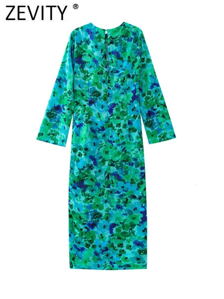 Casual Dresses Zevity Women Elegant Ink Floral Print Pleat Drawstring Split Midi Dress Female Chic O Neck Back Zipper Vestidos DS3415 230321