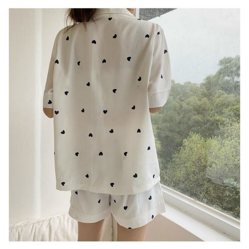 Women's Sleepwear QWEEK Pajamas for Women Home Clothes Pijamas Ladies Heart Print Nightie Lounge Wear Sexy Sleepwear Two Piece Set Pyjamas Summer