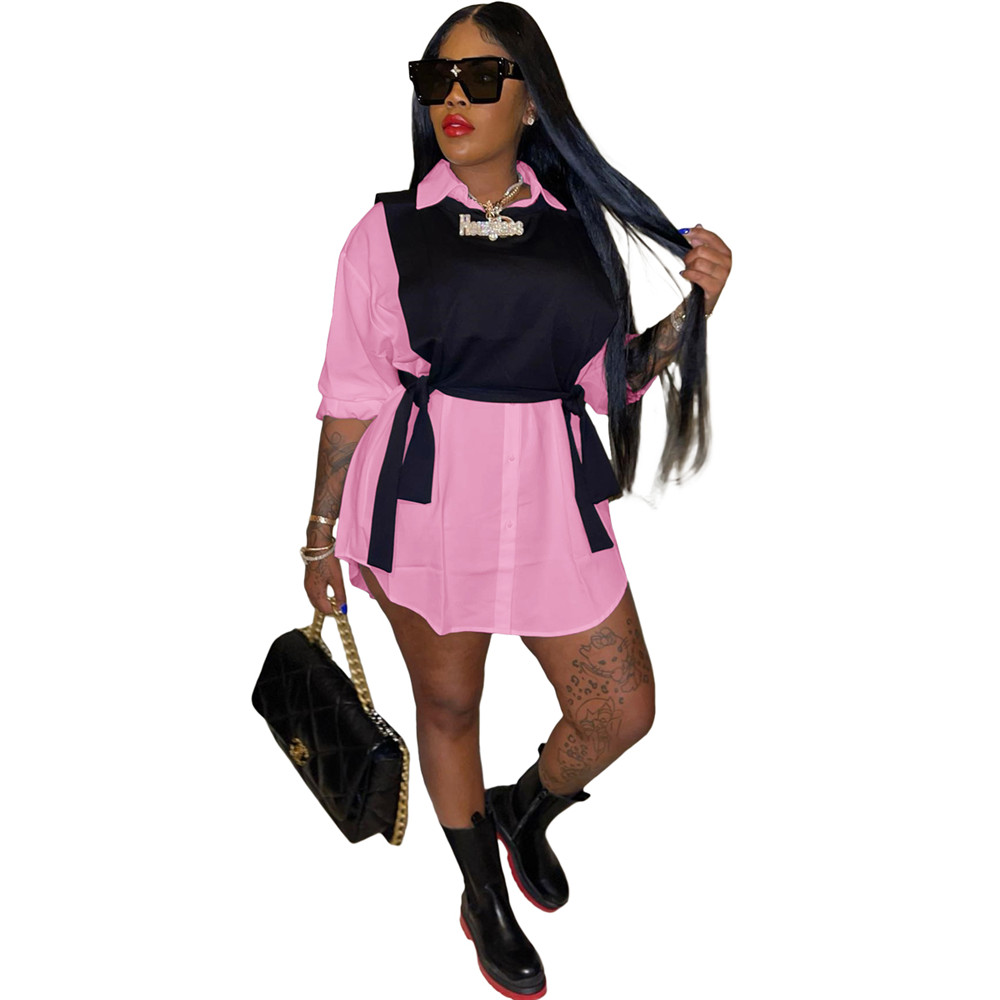 designer Wholesale dress Women's Tracksuits Solid Long Sleeve Breasted Turn-down Neck Shirt Style Dress Drawstring Hem Black Vest Matching Dresse