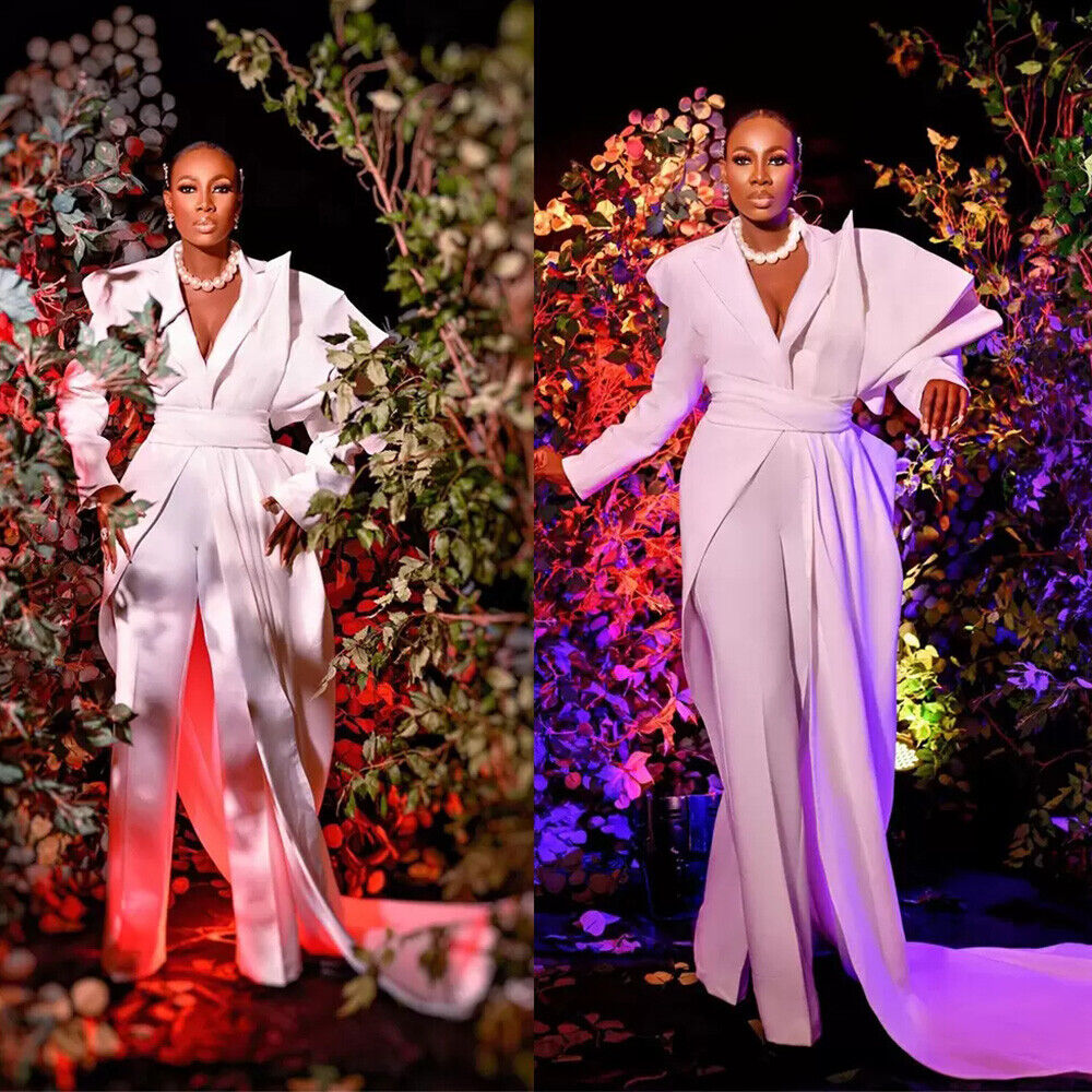 Plus Size Nigeria African Wedding Dress With Overskirt Elegant V Neck Long Sleeve Jumpsuit Boho Bridal Dresses Satin Civil Bohemian Country Bride vest