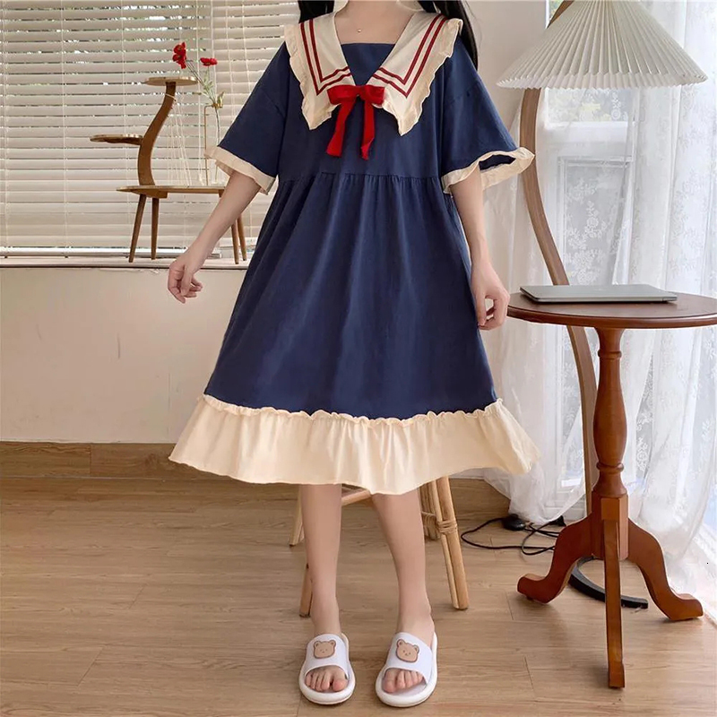 Women's Sleepwear Pajamas Women'S Summer Set Short-Sleeved Suit Princess Navy Style Sweet Kawaii Student Cartoon Ladies Bow Tie Home Clothes