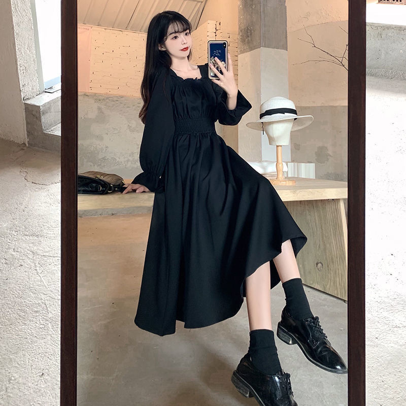 Casual Dresses Black Elegant Dress Women Vintage Long Sleeve Spring Autumn Dresses Square Collar Oversize Loose Casual Robe Streetwear 230321