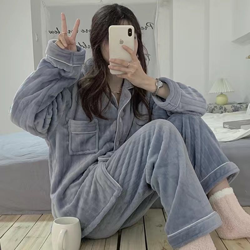 Women's Sleepwear Flannel Pajama Sets Women Winter Two Piece Home Suit 100Sleepwear Warm Korean Style Simple Casual Fashion Gentle Vintage Chic 2