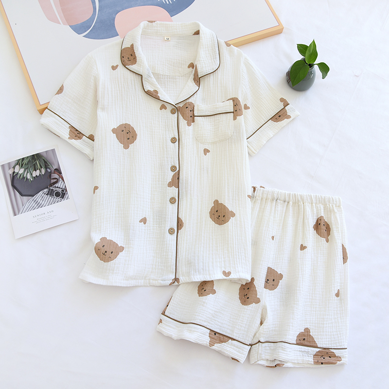 Women's Sleepwear Summer Couple Pure Cotton Bear Love Cute Pajamas Set Sleepwear Female Short-Sleeved Pijama Suit Loungewear Crepe Ladies Pyjama 