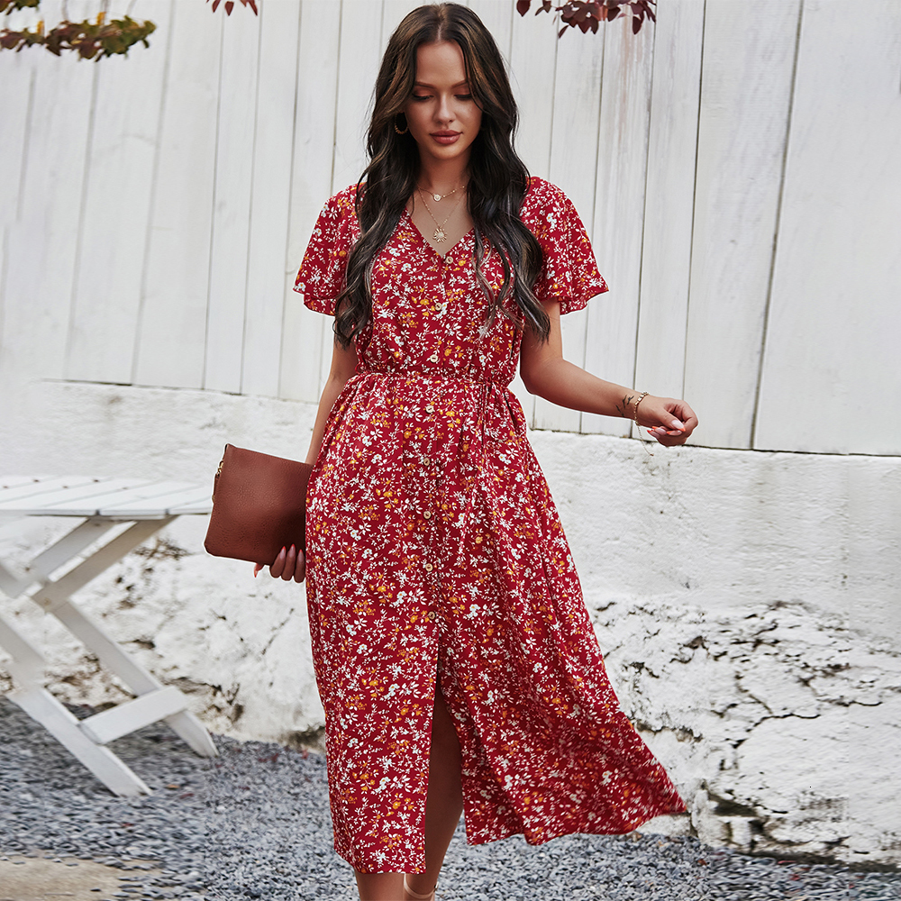 Casual Dresses Summer Dress Women V Neck Button Vintage Floral Printed Bohemian Maxi Dresses Woman Casual Beach Holiday Dress Vestido 230321