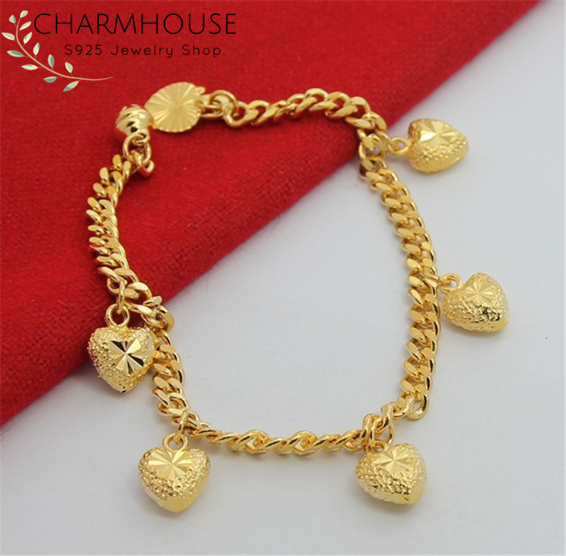 Charm Bracelets Charmhouse Yellow Gold Color GP Bracelets for Women 5 Heart Charm Bracelet Bangles Wristband Wedding Bridal Jewelry Gifts 230320