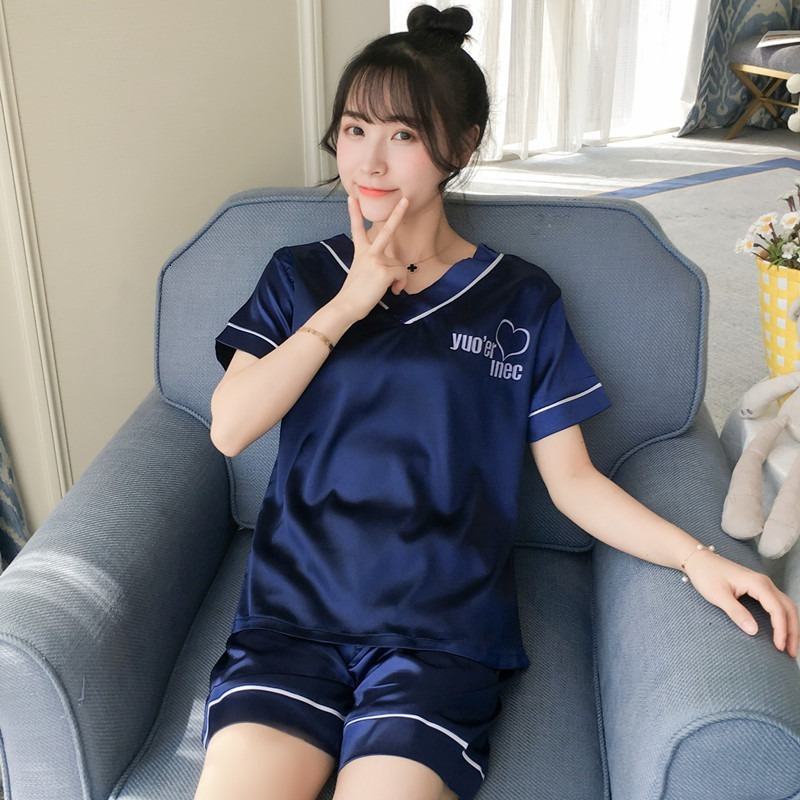 Women's Sleepwear Pajamas Women's Summer Ice Silk V-Neck Short Sleeves Pyjamas Two Piece Suit Kaeva Pajamas Women's Home Clothes Sleepw