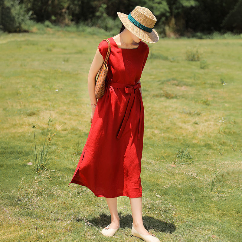 Casual Dresses Summer Square Collor Solid Cotton Linen Simple Loose Casual Bandage Waist Midi Dress Ladies Green Comfortable Elegant Robe 230321