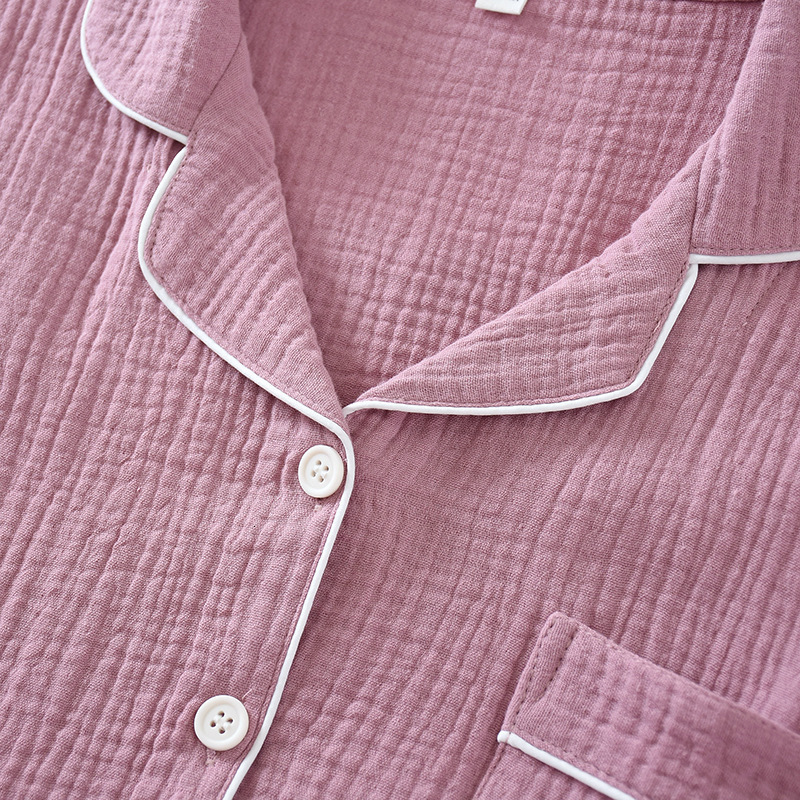 Women's Sleepwear spring and autumn pure cotton crepe cloth couple soft and breathable men long-sleeve simple home service women two piece set 23