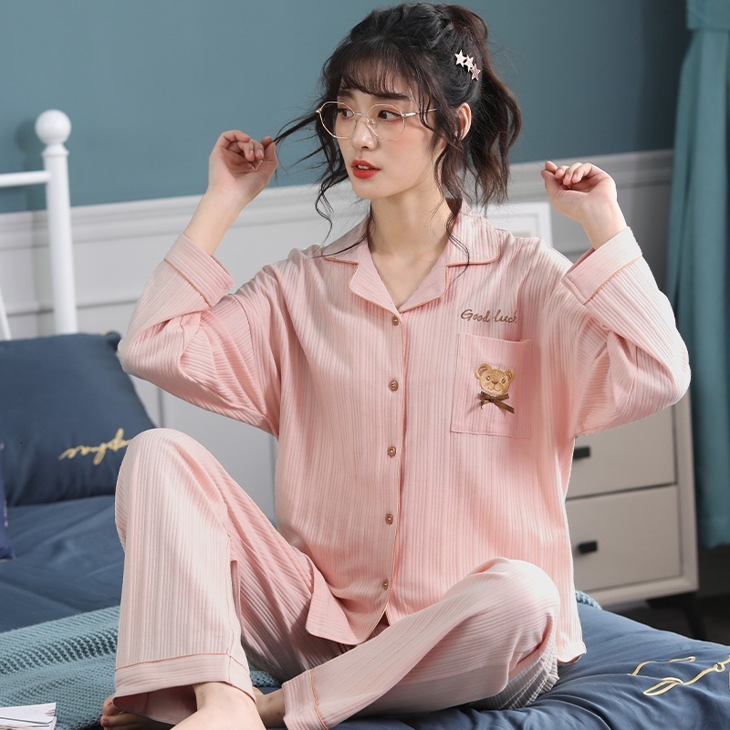 Women's Sleepwear Cotton pajamas women's spring and autumn long-sleeved homewear women's simple loose casual 2-piece suit 230321
