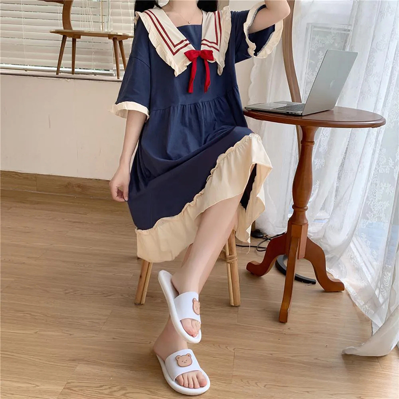 Women's Sleepwear Pajamas Women'S Summer Set Short-Sleeved Suit Princess Navy Style Sweet Kawaii Student Cartoon Ladies Bow Tie Home Clothes