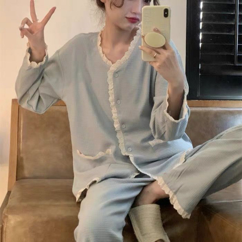 Women's Sleepwear Pajama Sets Women Sweet Cute Fall Outfits Long Sleeve Home Sleepwear Night Harajuku Lace Patchwork V-neck Cozy Korean Fashion 2