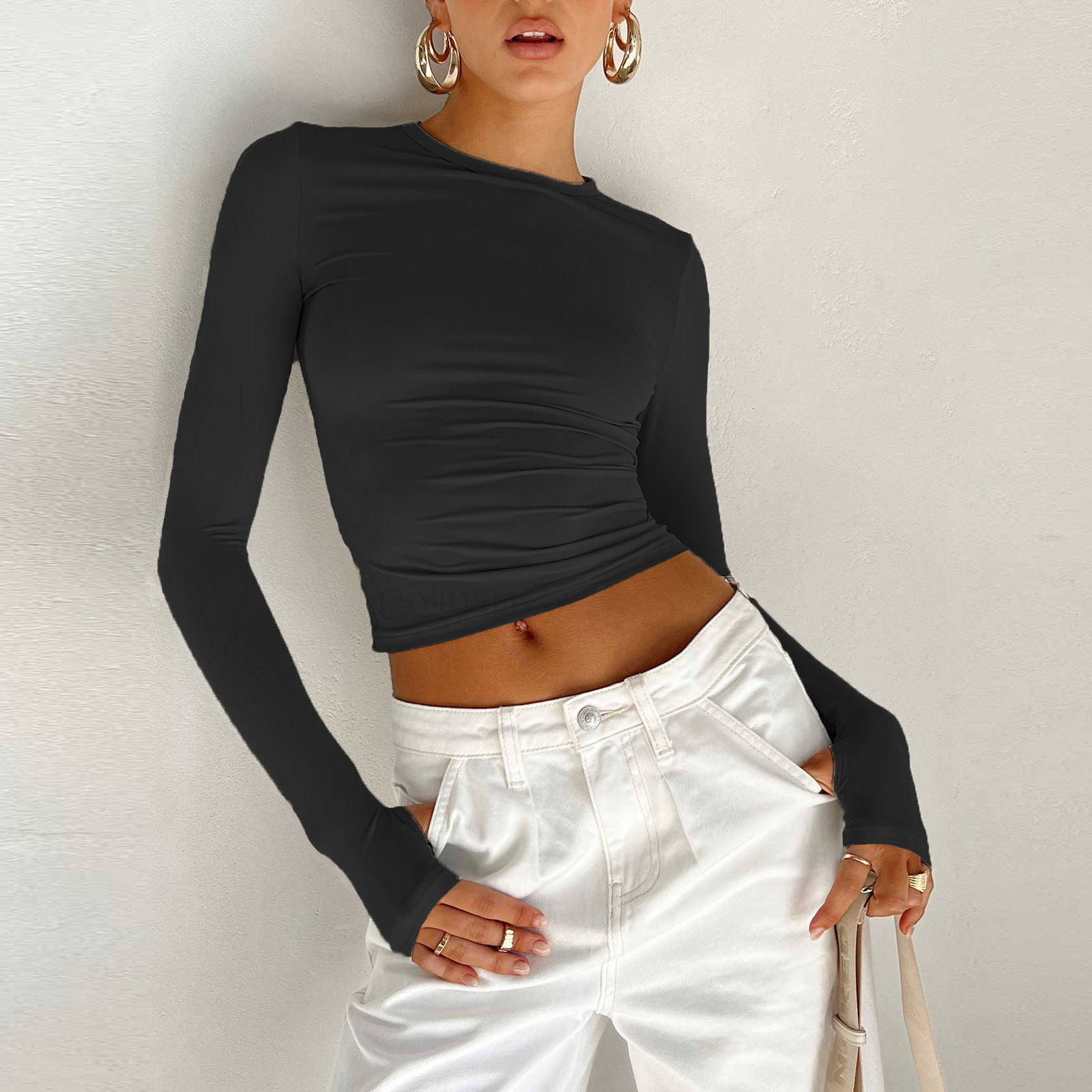 Women's TShirt Y2k Long Sleeve Ruched Women Spring Summer O Neck Slim Fit Solid Crop Top Spicy Girl Woman T Shirts 2023 230321