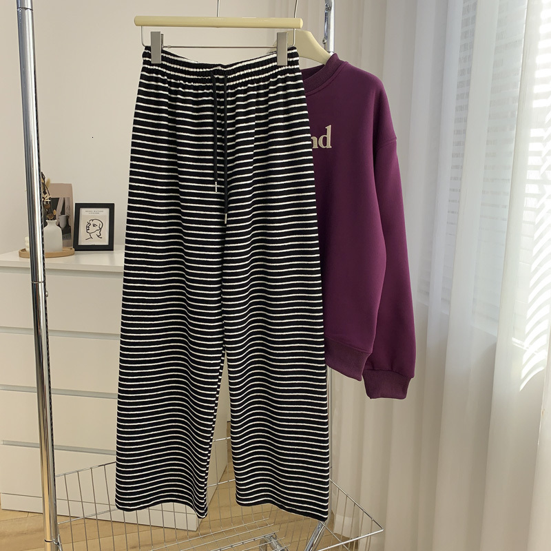 Women's Pants Capris 90% cotton Early spring texture striped straight-leg women's loose drape and slim all-match high waist wide-leg mopping