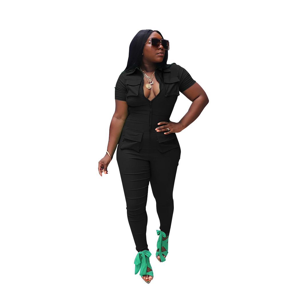 Women Designer Summer Jumpsuits Short Sleeve Rompers Solid Zipper Turn-down Collar Bodycon Jumpers One Piece Overalls Cargo Pants Clothes