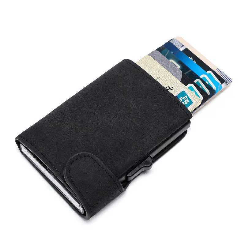 Wallets Rfid Smart Wallet ID Holder Leather Ultra-thin Business Men Cardbag Automatic Pop-up Anti Theft Brush Metal Card Box G230308