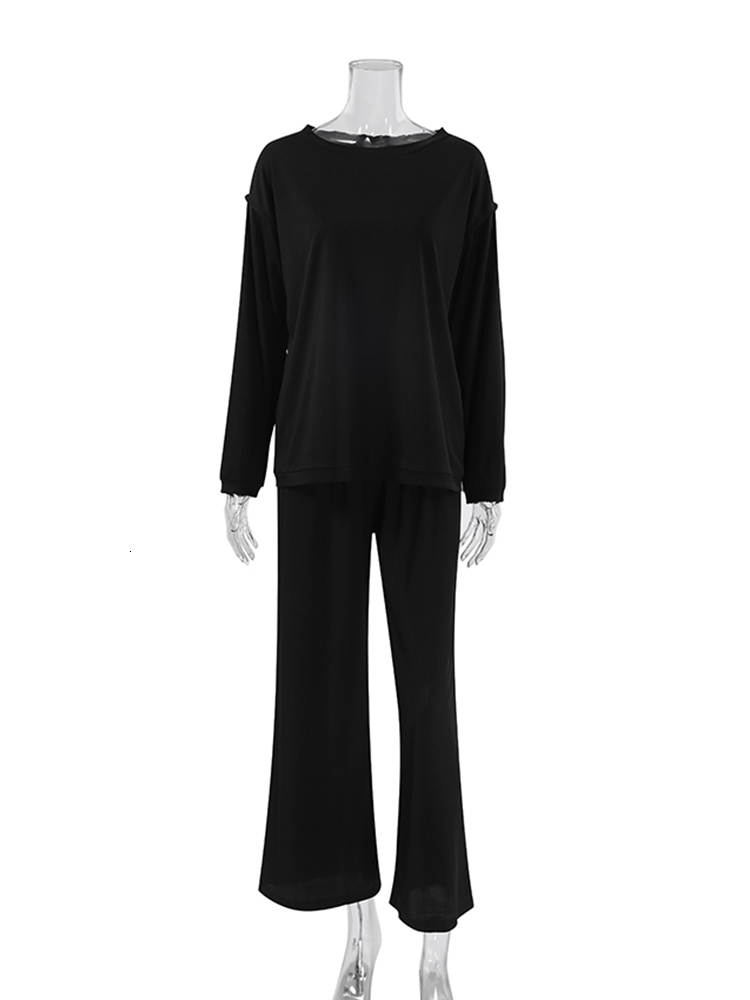 Women's Sleepwear Hiloc Black Ribbed Home Suit For Women Sleepwear Long Sleeve Sets Womens Outfits Grey Knitted Women's Home Clothes Pajama 