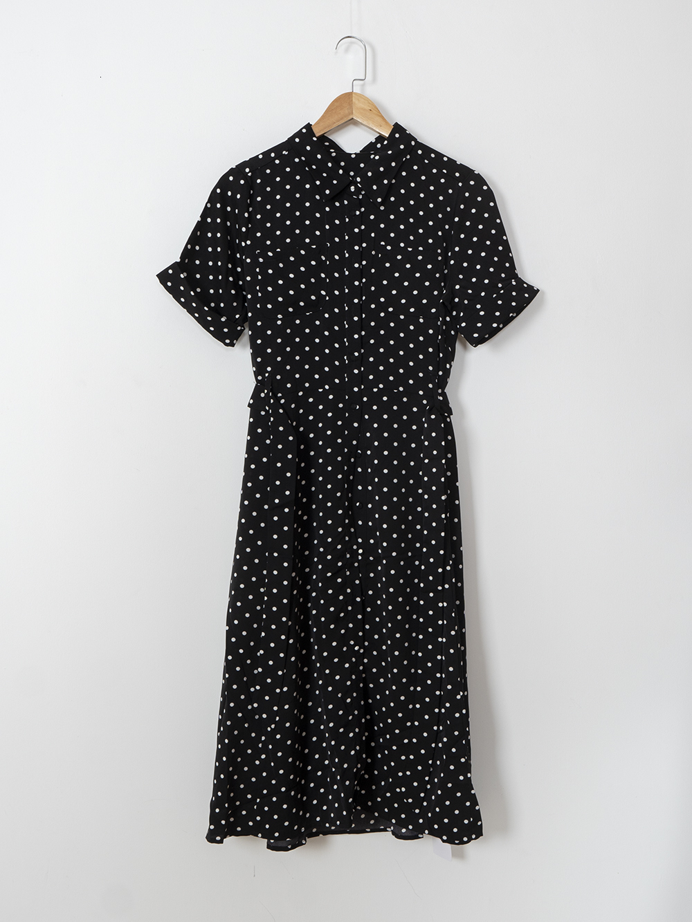 Casual Dresses Rowling Mirror Dot Black Belt Midi Dress Women Turndown Collar Casual Retro Vacation Beach Dress 230321