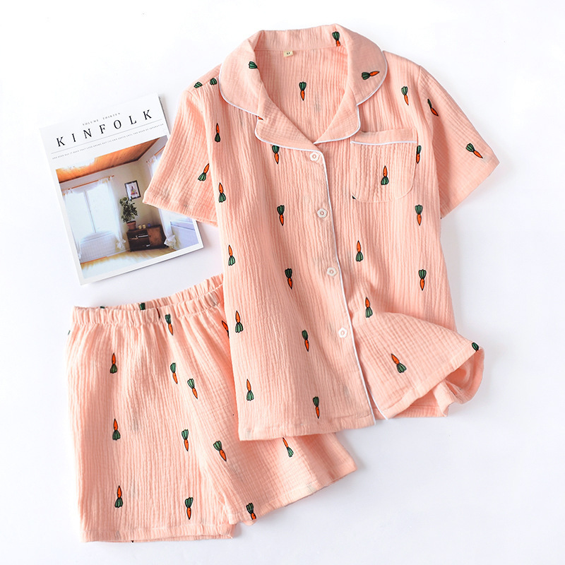 Women's Sleepwear ladies pajamas suit summer comfortable cotton gauze lapel pajamas suit women thin loose cartoon carrot printing home service 23