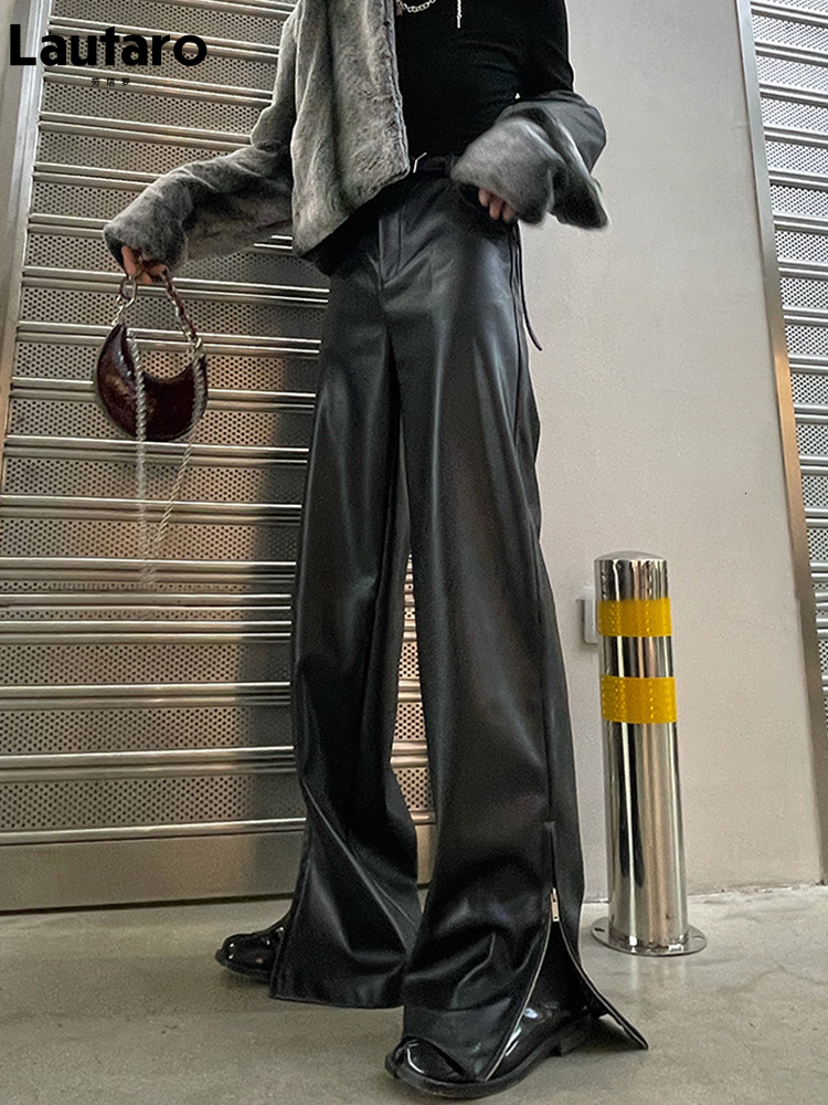 Women's Pants Capris Lautaro Spring Autumn Cool Punk Black Soft Stretchy Faux Leather Floor Length Pants Streetwear Women High Waist Fashion 2303