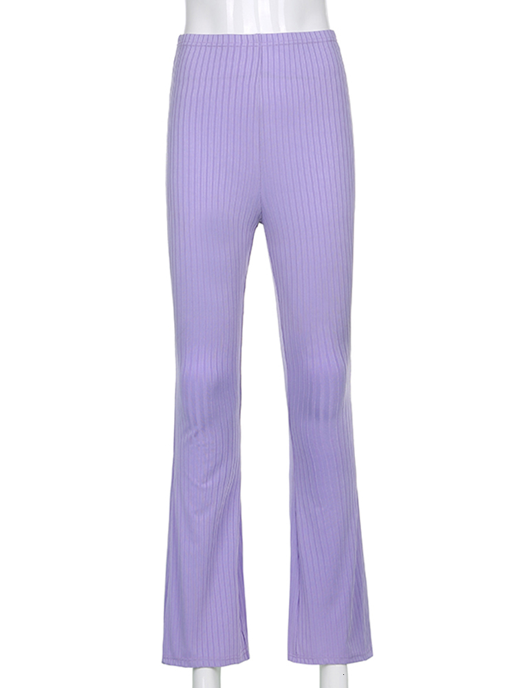 Women's Pants Capris Sweetown Purple Ribbed Joggers Women Knitted Flare Pants Slim High Waist Aesthetic Trousers Female Vintage 90s Sweatpants 23