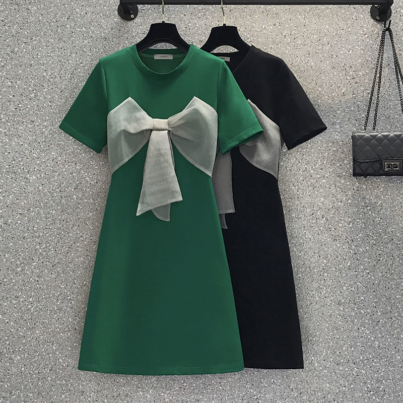 Casual Dresses 40-100kg Women's Fashion Big Bowknot Loose Dress Korean Student Casual Joker O-Neck Short Green Dresses Streetwear Female 230321