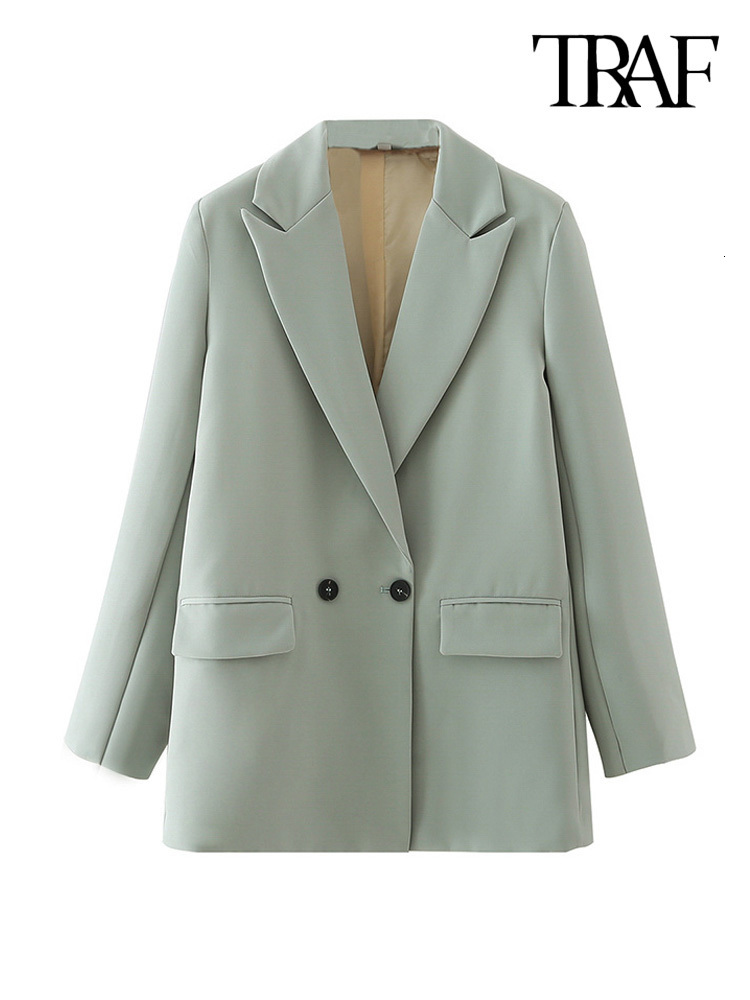 Women's Suits Blazers TRAF Women Chic Office Lady Double Breasted Blazer Vintage Coat Fashion Notched Collar Long Sleeve Ladies Outerwear Stylish
