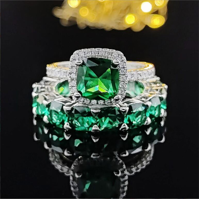 Ins Top Sell Wedding Rings Luxury Jewelry 925 Sterling Silver Cushion Shape Emerald 5A Cubic Zircon CZ Diamond Handmade Party Eternity Women Engagemen