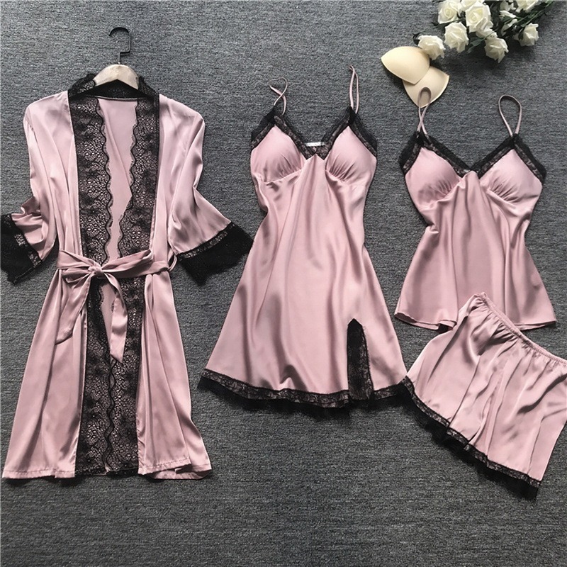 Women's Sleepwear Women Pajamas Sets Satin Sleepwear Silk 4 Pieces Nightwear Pyjama Strap Lace Sleep Lounge Pajama With Chest Pads 230321