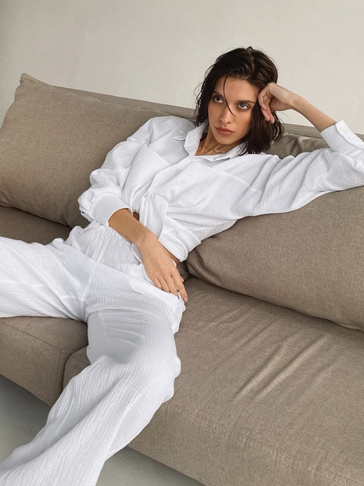 Women's Sleepwear Linad White Pajamas For Women Cotton Long Sleeve 2 Piece Sets Nightwear Female Casual Trouser Suits Solid Autumn Sleepwear 2303