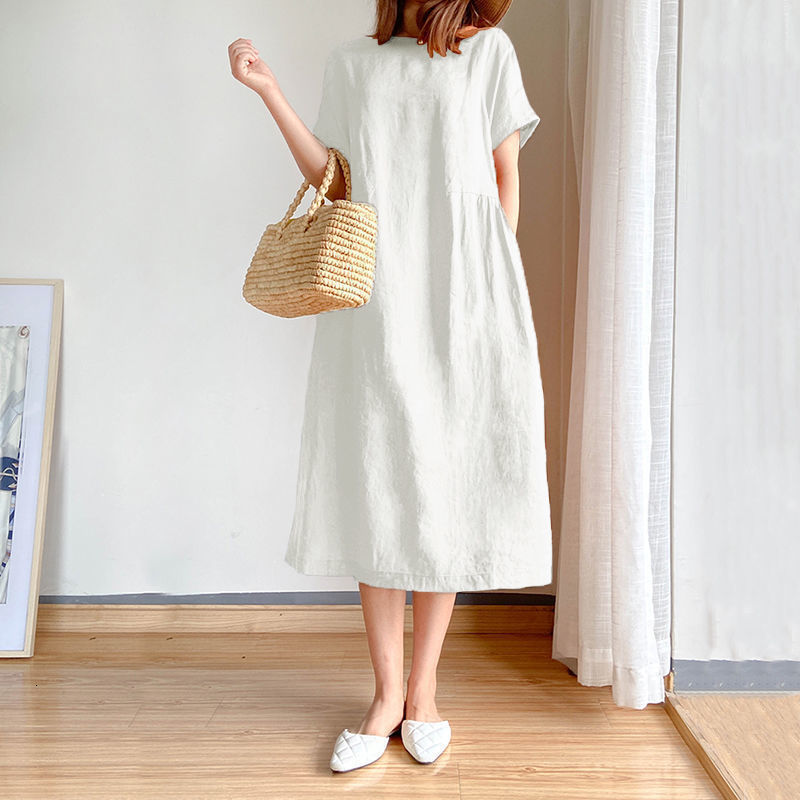 Casual Dresses Korean Fashion Women Short Sleeve Dresses Solid Simple M-4XL Retro Cotton and Linen Breathable Leisure Loose Mid-calf Vestidos 230321