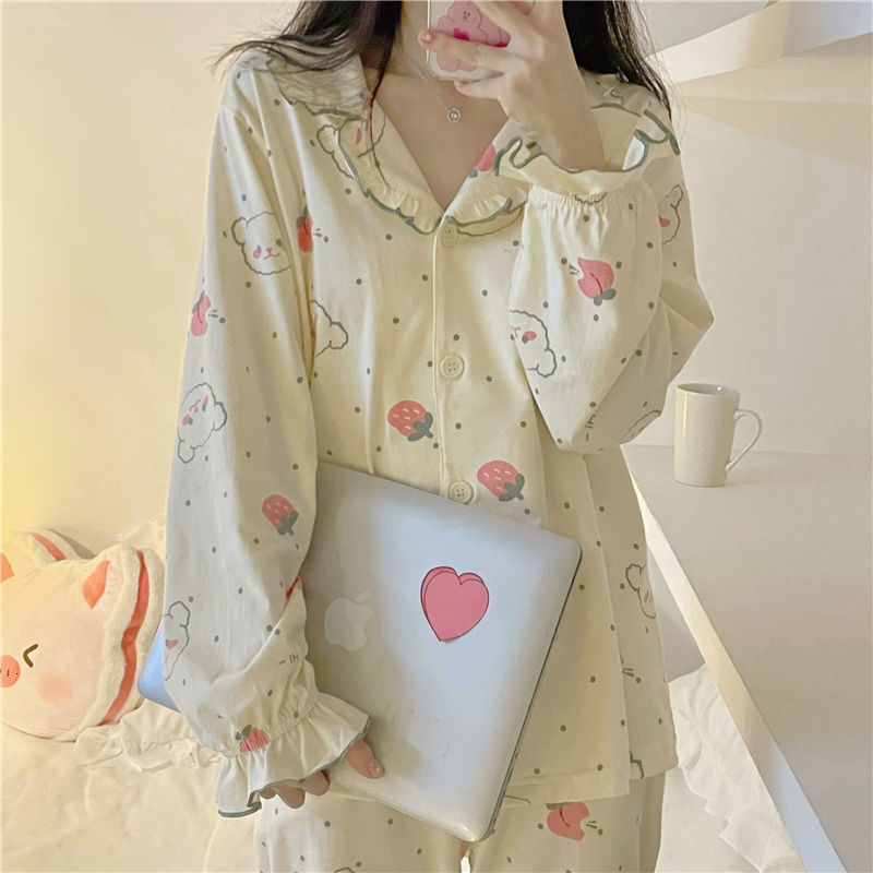 Women's Sleepwear Women Printing Pajama Sets Ruffles Sweet Long Sleeve Turn Down Collar Sleepwear Lounge Spring Cute Cartoon Pyjamas 2 Pcs Kawaii