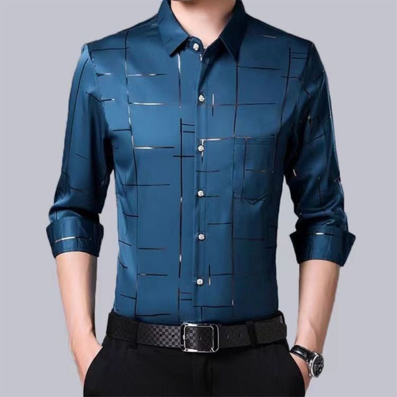 Men's Casual Shirts Smart Casual Men Thin Plaid Smooth Shirts Long Sleeve Lapel Spring Autumn Clothing Koreon Male Loose Business Fashion Tops 23