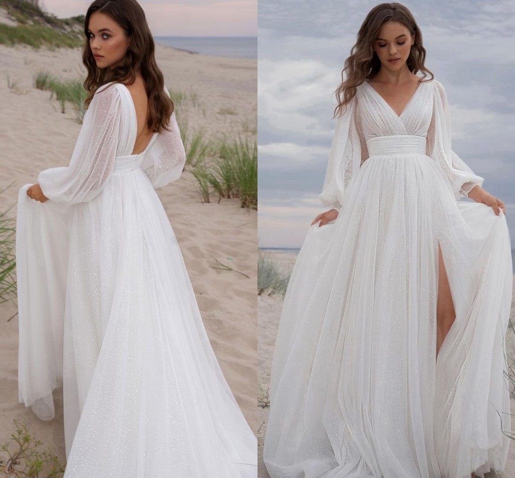 Sexy Wedding Dress 2023 White Puff Sleeve Bride Dresses High Split A-Line Sequined Backless Bridal Gowns Princess Vestidos De Novia